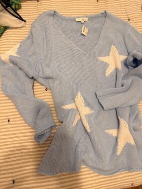 Miracle light Blue V‑Neck Sweater with White Stars summer knit